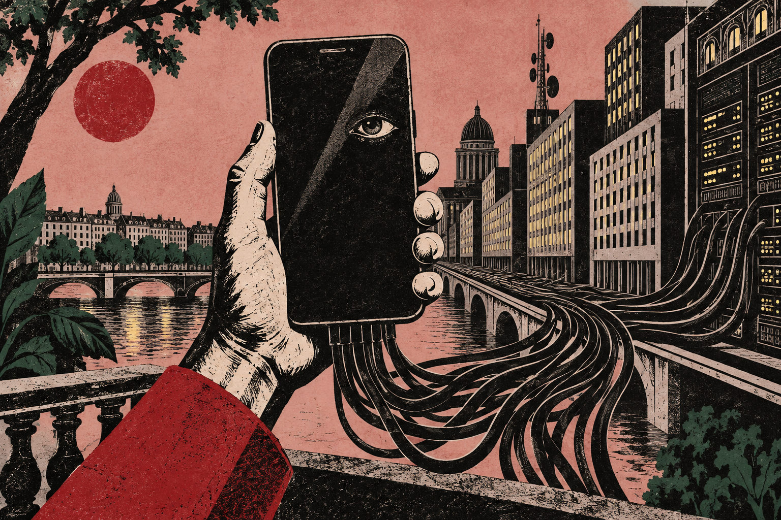 Une main tient un téléphone relié par des câbles aux infrastructures de la ville